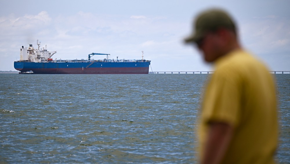 A tanker waits its turn to be loaded with crude oil on May 9, 2025, at Lake Maracaibo in Venezuela.