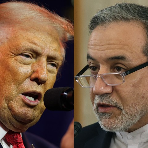 This is a split image of President Trump on the left and Iran's Foreign Minister Abbas Araghchi on the right.