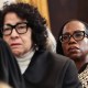 Supreme Court Justices Sotomayor and Jackson stand behind Chief Jutice Roberts during President Trump's inauguration for his second term in the office.