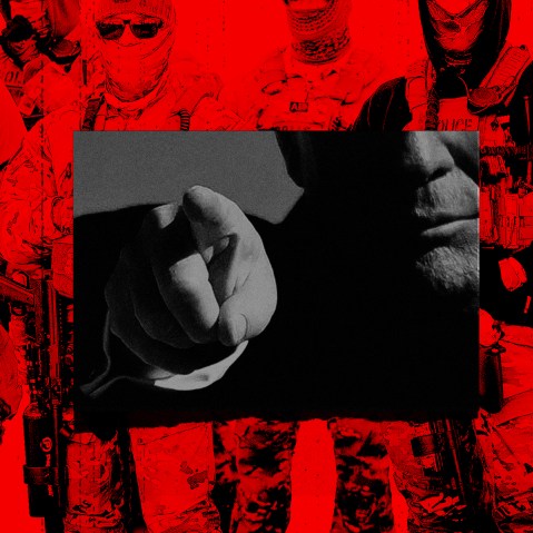 A photo collage of menacing-looking ICE agents with Trump pointing overlayed