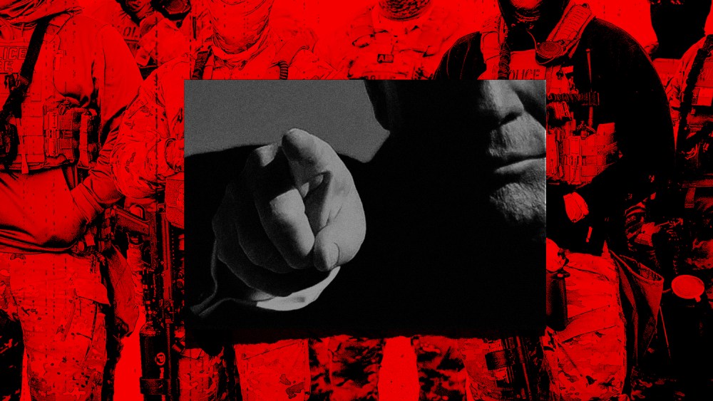 A photo collage of menacing-looking ICE agents with Trump pointing overlayed