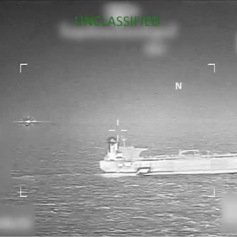 An oil tanker is seen in the ocean.