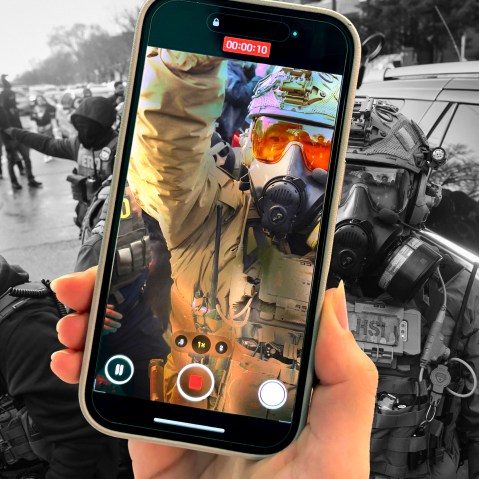 A photo illustration of a person holding an iPhone while filming an ICE agent