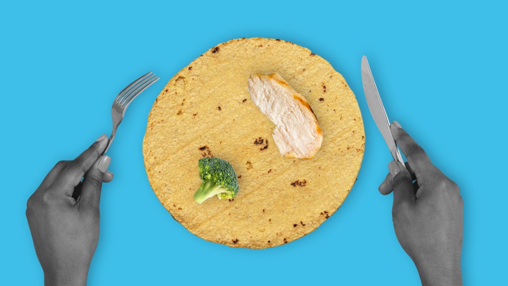 A photo illustration composed of hands holding a knife and fork around a tortilla with a piece of grilled chicken and a piece of broccoli.