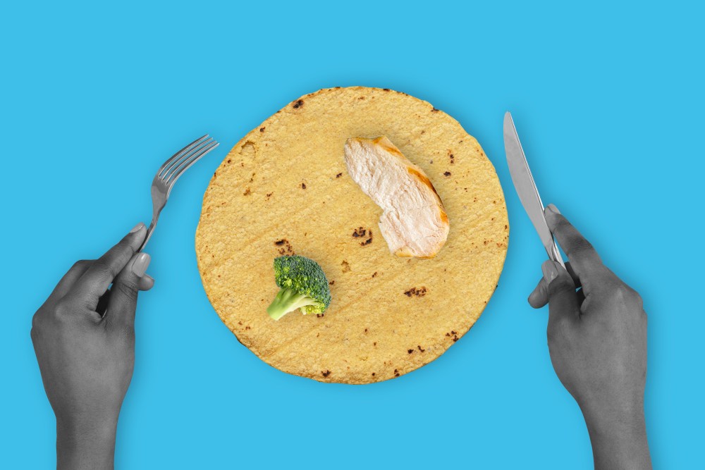 A photo illustration composed of hands holding a knife and fork around a tortilla with a piece of grilled chicken and a piece of broccoli.