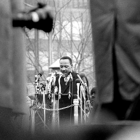 Dr. Martin Luther King, Jr. speaks in United Nations Plaza at the culmination of the April 15, 1967 anti-Vietnam War march that went from Central Park to the UN.