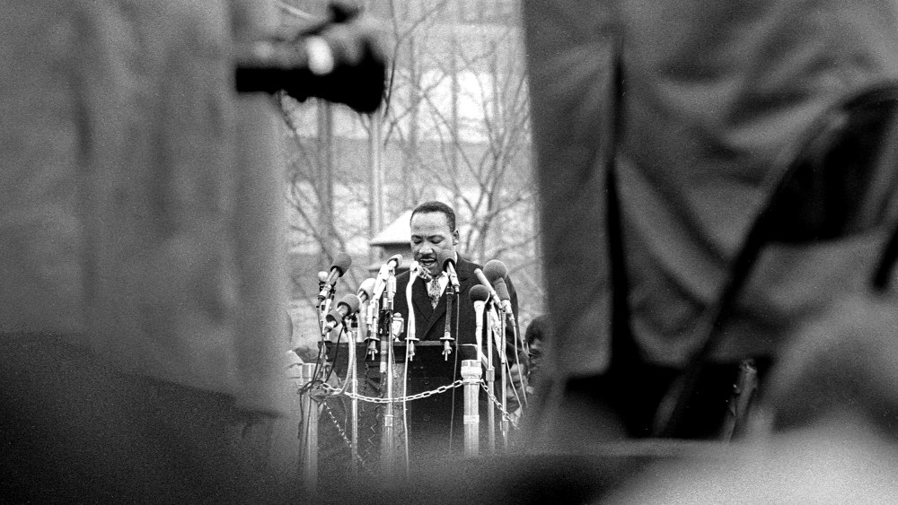 Dr. Martin Luther King, Jr. speaks in United Nations Plaza at the culmination of the April 15, 1967 anti-Vietnam War march that went from Central Park to the UN.