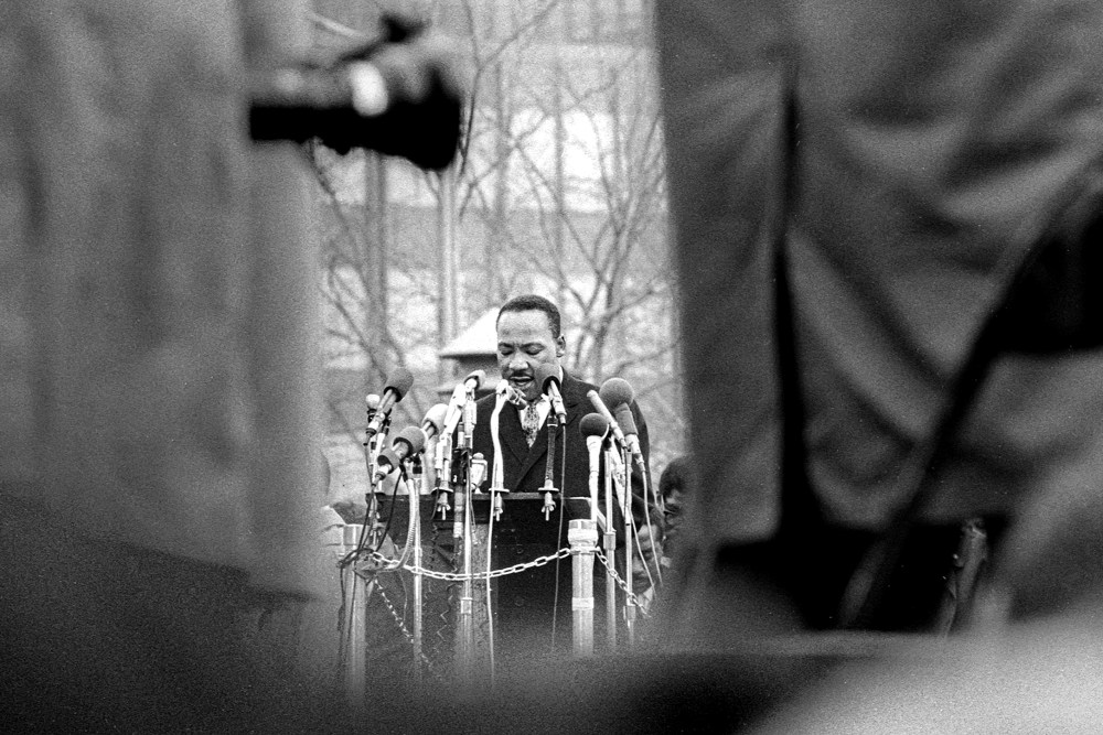 Dr. Martin Luther King, Jr. speaks in United Nations Plaza at the culmination of the April 15, 1967 anti-Vietnam War march that went from Central Park to the UN.