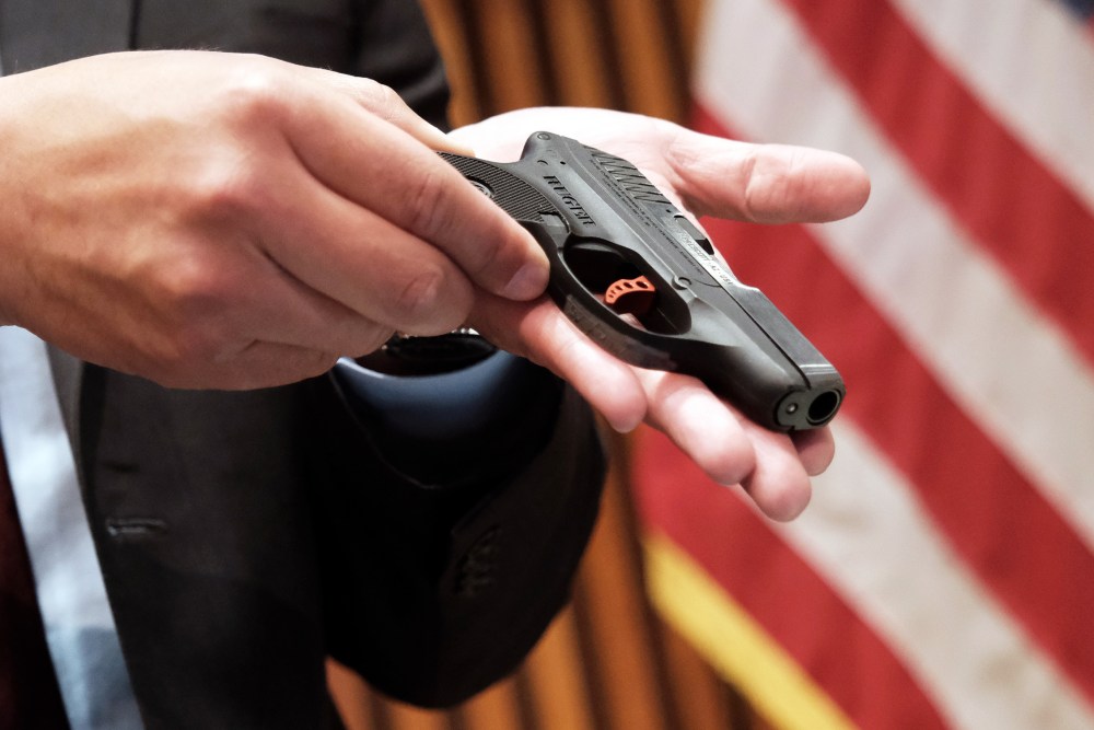Guns confiscated at New York City public schools at a news conference on May 25, 2022, in New York City.