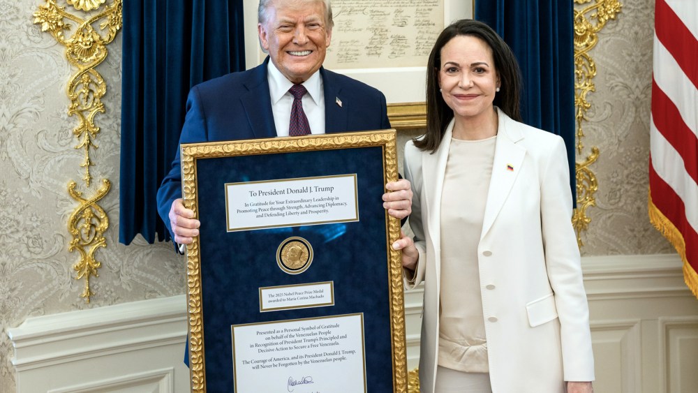 President Donald Trump meets with Venezuelan opposition leader Maria Corina Machado on Jan. 15, 2026 in the Oval Office.