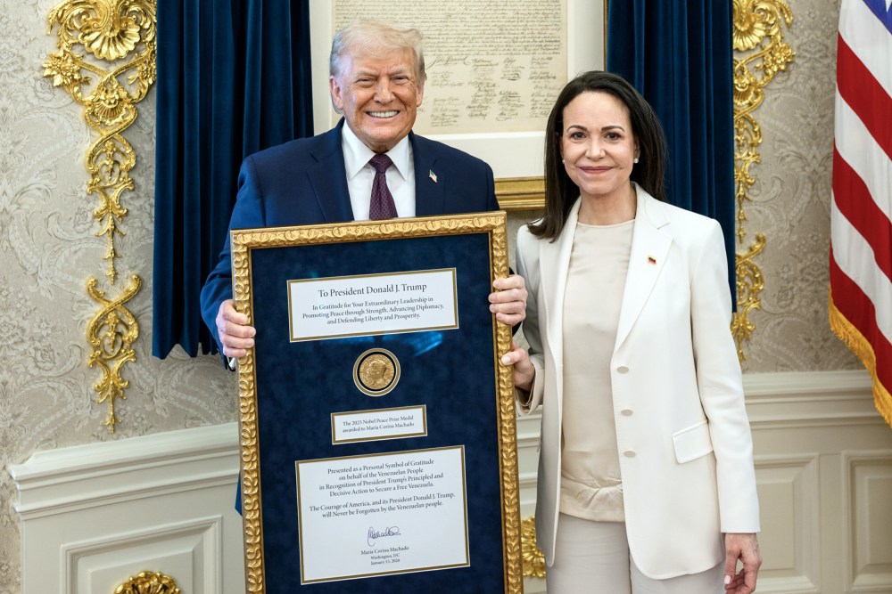President Donald Trump meets with Venezuelan opposition leader Maria Corina Machado on Jan. 15, 2026 in the Oval Office.