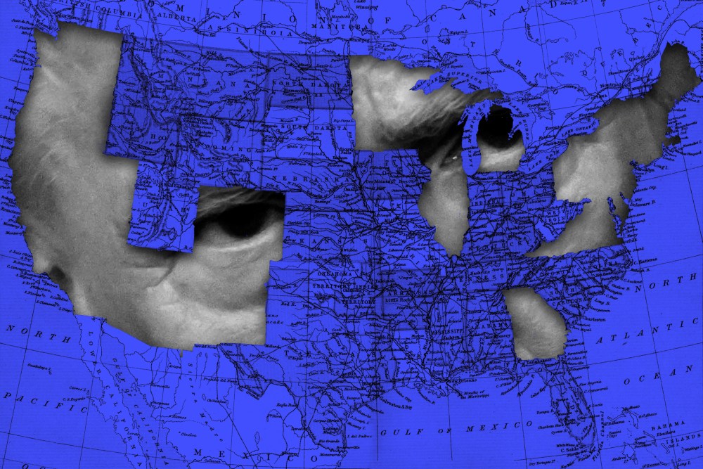 A United States map in blue shows President Trump through the blue state holes that voted for Biden in 2020.