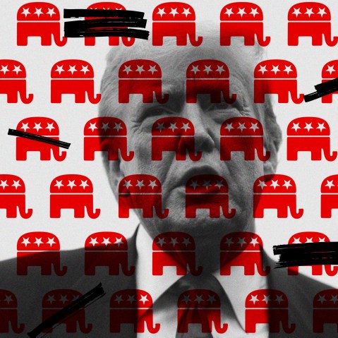 A photo illustration of Trump with Republican elephant logos in lockstep overlaying him