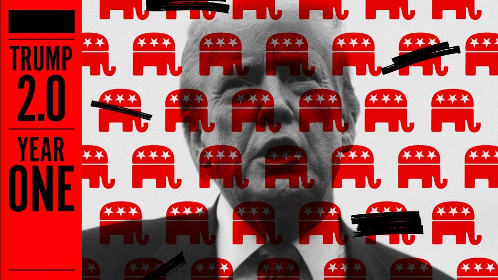 A photo illustration of Trump with Republican elephant logos in lockstep overlaying him