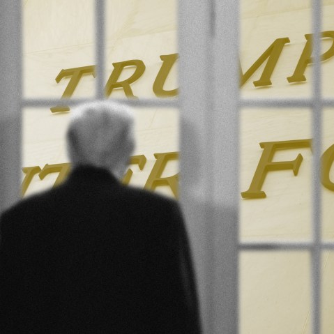 An illustration of Trump looking out a window at gilded letters spelling his name