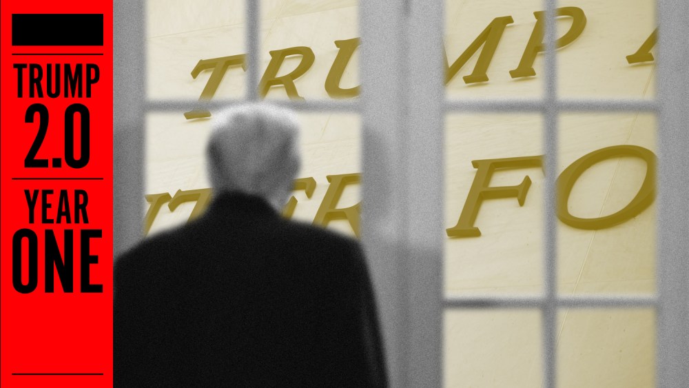 An illustration of Trump looking out a window at gilded letters spelling his name