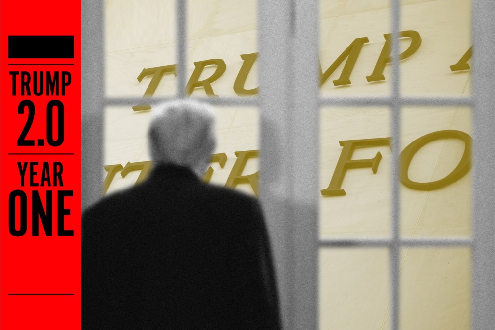 An illustration of Trump looking out a window at gilded letters spelling his name