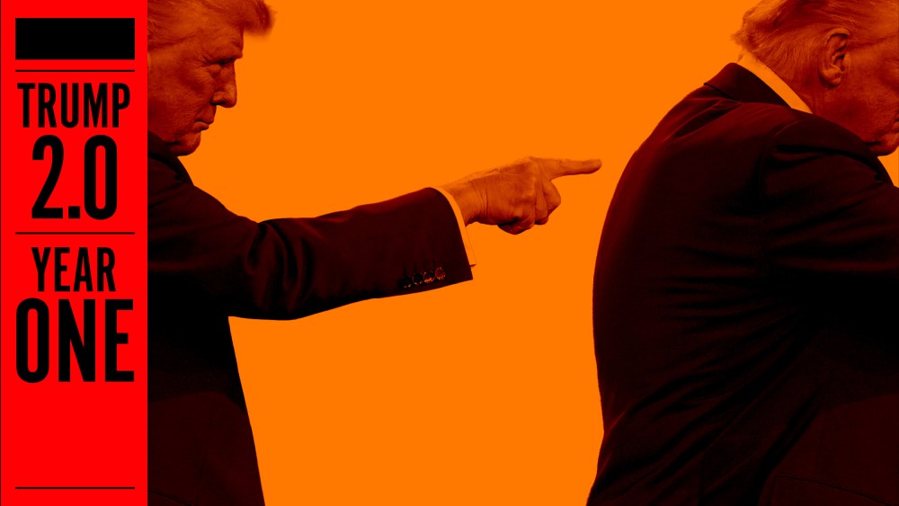 An illustration of Trump pointing at his own back, as the image wraps around the border