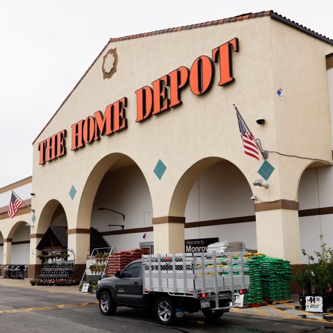 People make their way to the entrance of the Monrovia Home Depot on Aug. 15, 2025 in Monrovia, CA.