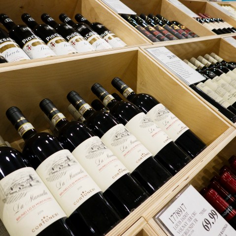 Bottles of wine are displayed on April 25, 2025 at a Costco Wholesale store in San Diego.