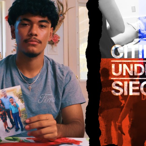 A photo of a young Latino man holding a photo of himself and his father, a view of the young man in the hospital wearing a neck brace, and a view of the man being detained by immigration officers.