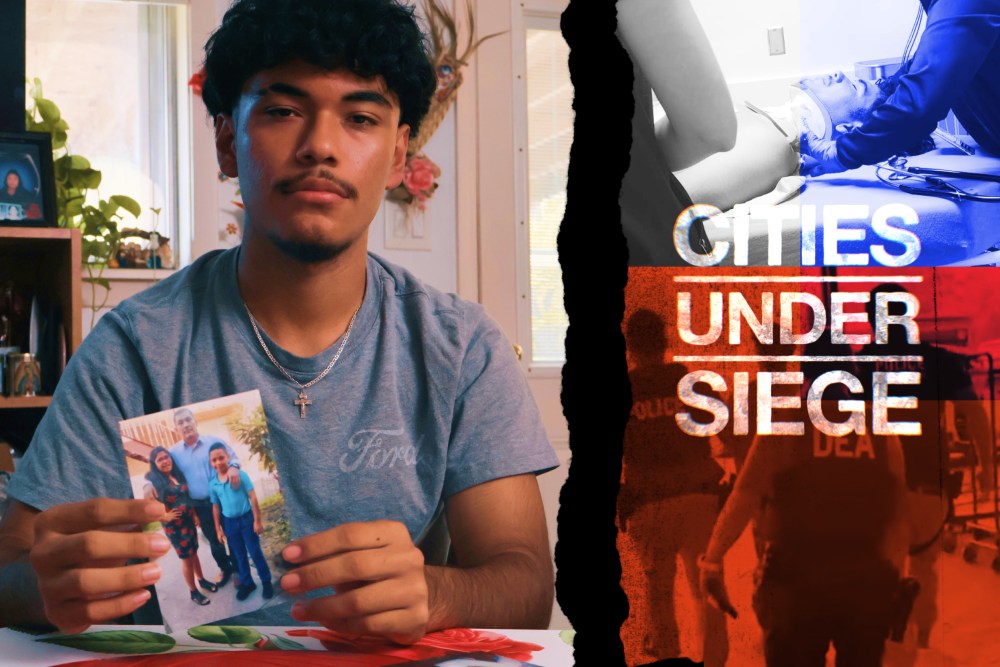 A photo of a young Latino man holding a photo of himself and his father, a view of the young man in the hospital wearing a neck brace, and a view of the man being detained by immigration officers.