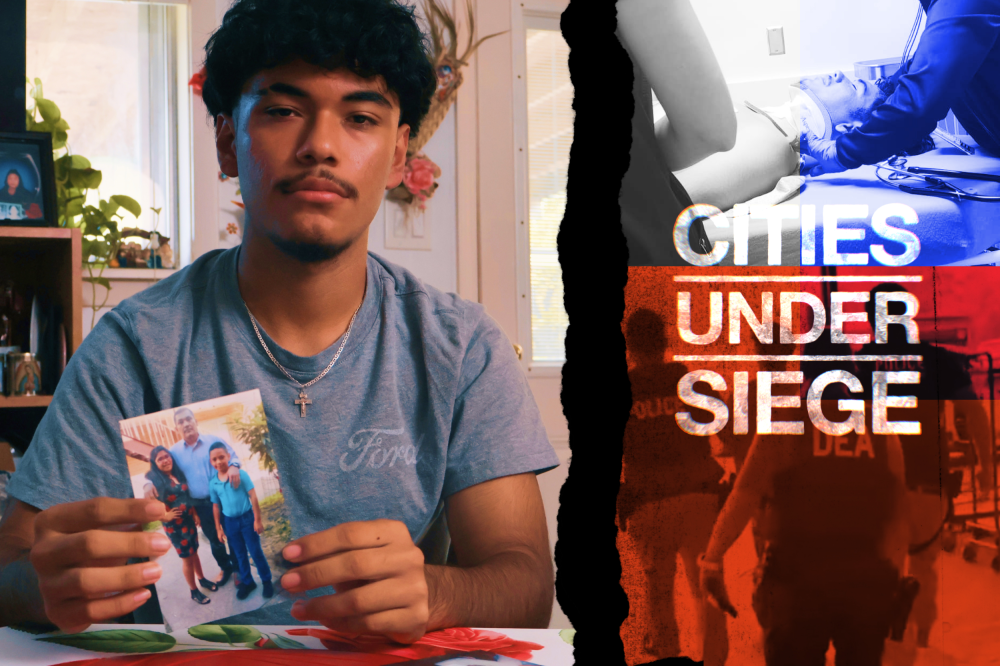 A photo of a young Latino man holding a photo of himself and his father, a view of the young man in the hospital wearing a neck brace, and a view of the man being detained by immigration officers.
